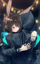 Rule 34 | 1boy, 1girl, absurdres, amiya (arknights), animal ears, arknights, black coat, black jacket, blue eyes, blue nails, blush, brown hair, coat, commentary request, doctor (arknights), facing viewer, from behind, frown, highres, hood, hood up, hug, infection monitor (arknights), jacket, jewelry, looking down, material growth, multiple rings, nail polish, oripathy lesion (arknights), rabbit ears, rabbit girl, rhodes island logo (arknights), ring, signature, thumb ring, upper body, welt (kinsei koutenkyoku)