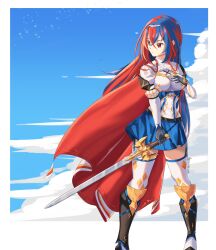 Rule 34 | 1girl, alear (female) (fire emblem), alear (fire emblem), armor, blue hair, breasts, cape, cloud, cloudy sky, commentary request, crossed bangs, fire emblem, fire emblem engage, garter straps, hand on own chest, heterochromia, highres, holding, holding sword, holding weapon, long hair, looking to the side, medium breasts, multicolored hair, nintendo, red cape, red hair, revvie, sky, solo, standing, sword, two-tone hair, weapon
