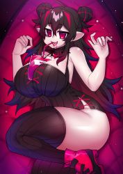 Rule 34 | 1girl, absurdres, between breasts, black hair, blood, breasts, curvy, double bun, dress, drinking blood, drinking straw, drinking straw in mouth, elizabeth von mountbatten (osiimi), hair bun, high heels, highres, huge breasts, long hair, looking at viewer, multicolored hair, open mouth, original, osiimi, pointy ears, red eyes, smile, solo, striped, thick thighs, thighhighs, thighs, vampire, vertical stripes, virtual youtuber