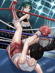 Rule 34 | 2girls, absurdres, amabox, black shorts, black sports bra, boxing, boxing gloves, boxing ring, breasts, green hair, highres, multiple girls, ponytail, purple eyes, red shorts, shorts, sports bra, stage lights, tagme, white sports bra