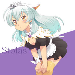 Rule 34 | 1girl, aqua hair, breasts, character name, cleavage, extra ears, long hair, maid, meow (nekodenki), original, small breasts, solo, thighhighs, tiara, yellow eyes