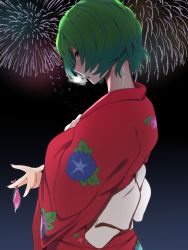 Rule 34 | 1girl, absurdres, aerial fireworks, banned artist, between fingers, condom, fireworks, flower, from side, green hair, hekiga (freelot), highres, holding, japanese clothes, kazami yuuka, kimono, profile, short hair, sideways glance, solo, touhou, used condom, ||/