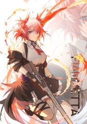 Rule 34 | 1girl, animal ears, arknights, artist name, bird ears, bird girl, bird tail, black gloves, black skirt, blouse, character name, collared shirt, fiammetta (arknights), foot out of frame, gloves, gun, highres, holding, holding gun, holding weapon, leg up, looking at viewer, necktie, red eyes, red hair, red necktie, shirt, shirt tucked in, short hair, skirt, solo, standing, standing on one leg, tail, tianye toshi, trigger discipline, weapon, white shirt