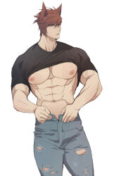 Rule 34 | 1boy, abs, bara, biceps, large pectorals, league of legends, looking at viewer, male focus, manly, mature male, muscular, muscular male, navel, nipples, pants, pectorals, red hair, ryub, sett (league of legends), shirt, short hair, simple background, solo, t-shirt, tight clothes, torn clothes, underpec, white background, yellow eyes