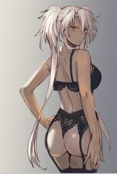 Rule 34 | 1girl, ass, black bra, black garter belt, black panties, black thighhighs, bra, breasts, dark-skinned female, dark skin, from behind, garter belt, glasses, kantai collection, kasumi (skchkko), large breasts, long hair, looking at viewer, musashi (kancolle), panties, red eyes, solo, thighhighs, twintails, underwear, unfinished, white hair