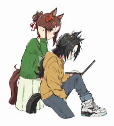 Rule 34 | 2girls, absurdres, air shakur (umamusume), alternate costume, animal ears, appleq, at computer, belt, black hair, blush, brown hair, cardigan, casual, closed mouth, clover hair ornament, computer, cropped legs, drawstring, ear chain, ear ornament, eyes visible through hair, fine motion (umamusume), from side, grey hair, hair bun, hair ornament, hand up, highres, hood, hood down, hoodie, horse ears, horse girl, horse tail, knee up, laptop, light smile, long hair, long sleeves, looking at another, looking at object, multicolored hair, multiple girls, nike (company), open cardigan, open clothes, pants, shirt, shoes, simple background, single hair bun, sitting, skirt, sneakers, tail, two-tone hair, umamusume, white background, yellow eyes