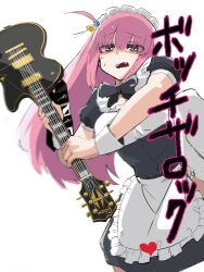 Rule 34 | 1girl, album cover redraw, apron, black bow, black bowtie, black dress, blue eyes, bocchi the rock!, bow, bowtie, commentary request, cube hair ornament, derivative work, dress, electric guitar, garter straps, gibson les paul, gloom (expression), gotoh hitori, guitar, hair ornament, heart, highres, holding, holding instrument, instrument, japanese text, kusazuka kirai, long hair, looking at viewer, maid, maid apron, maid headdress, midori (band), one side up, open mouth, parody, pink hair, short sleeves, simple background, sketch, solo, sweat, thighhighs, wavy mouth, white background, white thighhighs, wrist cuffs