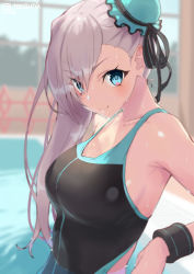 Rule 34 | 1girl, armpits, asymmetrical hair, bare shoulders, black one-piece swimsuit, blue eyes, blurry, blush, breasts, bun cover, closed mouth, clothing cutout, collarbone, competition swimsuit, day, depth of field, fate (series), from side, hair between eyes, hair bun, indoors, jonsun, large breasts, long hair, looking at viewer, miyamoto musashi (fate), miyamoto musashi (swimsuit berserker) (first ascension) (fate), one-piece swimsuit, pink hair, side cutout, single side bun, smile, solo, swept bangs, swimsuit, v-shaped eyebrows, wet, wristband