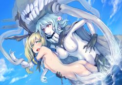 Rule 34 | 10s, 2girls, abyssal ship, ass, bottomless, breasts, flat chest, gloves, green eyes, hairband, heart, kantai collection, long hair, medium breasts, multiple girls, nami nami nami, nipples, nude, pussy juice, pussy juice trail, shimakaze (kancolle), small breasts, tentacles, white gloves, wo-class aircraft carrier, yuri