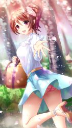 Rule 34 | 1girl, :d, bag, blue skirt, brown hair, cherry blossoms, clothes lift, day, doukyuusei 2, doukyuusei another world, flower, game cg, hair between eyes, hair flower, hair intakes, hair ornament, holding, holding bag, leg up, long hair, long sleeves, looking at viewer, looking back, miniskirt, official art, open mouth, outdoors, outstretched hand, panties, pantyhose, pink flower, pink panties, red eyes, running, satozaki minatsu, shirt, side ponytail, skirt, skirt lift, smile, solo, spring (season), sunlight, tree, underwear, white shirt