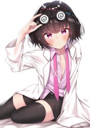 Rule 34 | 1girl, absurdres, adjusting eyewear, arm support, arm up, black hair, black thighhighs, blunt bangs, blush, breasts, closed mouth, coat, collarbone, collared shirt, commentary request, dress shirt, eyewear on head, flat chest, glasses, highres, lab coat, long sleeves, looking at viewer, necktie, niyun (n niyu), no bra, open clothes, pink eyes, pink shirt, senki zesshou symphogear, shirt, short hair, short shorts, shorts, signature, sitting, sleeves past fingers, sleeves past wrists, solo, thighhighs, tsukuyomi shirabe, unbuttoned, unbuttoned shirt, undone necktie, white background, white coat, yokozuwari