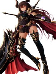 Rule 34 | 10s, 1girl, armor, armored dress, black gloves, black skirt, brown hair, cape, demon horns, dual wielding, elbow gloves, forte (shingeki no bahamut), full body, gloves, highres, holding, horns, long hair, looking at viewer, looking down, midriff, navel, oekakizuki, polearm, red eyes, shingeki no bahamut, shiny skin, simple background, skirt, solo, thigh strap, weapon, white background