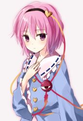 Rule 34 | 1girl, blurry, expressionless, eyeball, hairband, hand on own chest, heart, komeiji satori, long sleeves, looking at viewer, pink eyes, pink hair, purin jiisan, shirt, short hair, simple background, solo, string, third eye, touhou, upper body, wide sleeves