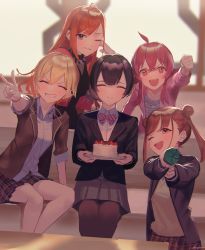 Rule 34 | + +, 5girls, :d, ^ ^, arisugawa natsuha, blurry, blurry background, blush, clenched hand, closed eyes, couch, depth of field, closed eyes, foreshortening, grin, group picture, happy birthday, highres, houkago climax girls (idolmaster), idolmaster, idolmaster shiny colors, komiya kaho, looking at viewer, morino rinze, multiple girls, office, on couch, one eye closed, open mouth, outstretched arm, saijo juri, school uniform, sitting, smile, sonoda chiyoko, ukimesato, v, window