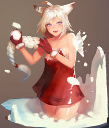 Rule 34 | 1girl, ahoge, animal ears, bare arms, bare shoulders, braid, braided ponytail, breasts, cowboy shot, dress, facing viewer, fur-trimmed gloves, fur trim, gloves, gown, gradient background, highres, instant ip, long hair, looking at viewer, medium breasts, microdress, no bra, original, pink eyes, purple eyes, red dress, red gloves, revealing clothes, see-through, short hair, simple background, single braid, small breasts, smile, snow, snowball, snowball fight, solo, strapless, strapless dress, very long hair, white hair