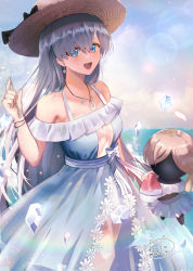 Rule 34 | 1girl, anastasia (fate), anastasia (swimsuit archer) (fate), anastasia (swimsuit archer) (first ascension) (fate), bare shoulders, blue dress, blue eyes, blush, bracelet, breasts, collarbone, doll, dress, earrings, fate/grand order, fate (series), hair over one eye, hat, highres, jewelry, large breasts, long hair, looking at viewer, necklace, nekoha gc, pendant, see-through, see-through skirt, silver hair, skirt, straw hat, very long hair, viy (fate)