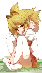 Rule 34 | 10s, 1girl, animal ears, between legs, blonde hair, blush, brown eyes, checkered clothes, checkered skirt, commentary request, fang, full body, hand between legs, kemono friends, lion (kemono friends), lion ears, looking at viewer, looking to the side, medium hair, no shoes, on floor, open mouth, pleated skirt, raised eyebrows, red skirt, shirt, short sleeves, simple background, sitting, skirt, solo, sumiyao (amam), thighhighs, white background, white shirt, white thighhighs