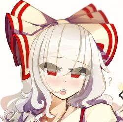 Rule 34 | 1girl, ?, blush, bow, burnt clothes, burnt hair, close-up, commentary, crying, fire, fujiwara no mokou, hair bow, kaliningradg, long hair, open mouth, red eyes, shirt, solo, streaming tears, tears, teeth, touhou, upper teeth only, white hair, white shirt