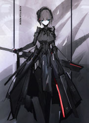 Rule 34 | 1girl, absurdres, armor, artist name, blue eyes, breasts, cell (acorecell), cyborg, dress, expressionless, grey hair, headgear, highres, holding, holding sword, holding weapon, huge filesize, joints, large breasts, looking at viewer, mecha musume, neon trim, original, russian text, science fiction, sheath, sheathed, short hair, solo, sword, thighhighs, translation request, weapon