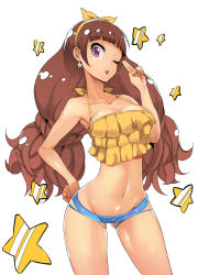 Rule 34 | 1girl, amanogawa kirara, brown hair, earrings, go! princess precure, hand on own hip, highres, jewelry, long hair, looking at viewer, midriff, nac000, navel, one eye closed, precure, purple eyes, short shorts, shorts, solo, star (symbol), twintails