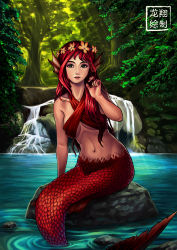 Rule 34 | 1girl, breasts, commentary, criss-cross halter, day, english commentary, fantasy, fins, flower, flower wreath, forest, green eyes, hair flower, hair ornament, halterneck, head fins, highres, long hair, mermaid, monster girl, nature, navel, original, red hair, ryu shou, scales, solo, underboob, water, waterfall