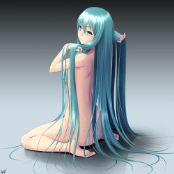 Rule 34 | 1girl, absurdres, alternate hairstyle, aqua eyes, aqua hair, ass, barefoot, breasts, feet, female focus, hair down, hatsune miku, highres, long hair, looking at viewer, looking back, nude, signature, sitting, smile, soles, solo, toes, very long hair, vocaloid, wariza, yama-michi