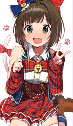 Rule 34 | 1girl, :d, absurdres, animal ears, bare shoulders, blue bow, bow, brown hair, cat ears, cat tail, detached sleeves, green eyes, hair bow, highres, idolmaster, idolmaster cinderella girls, looking at viewer, maekawa miku, morumoru x, open mouth, plaid, plaid skirt, red skirt, short hair, simple background, skirt, smile, solo, tail, white background