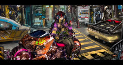 Rule 34 | 2boys, 2girls, absurdres, alternate costume, alternate universe, belt, black skirt, blue belt, blue skirt, breasts, car, cyberpunk, headphones, helmet, highres, holding, holding phone, hololive, hololive english, horns, irys (hololive), jacket, looking down, looking to the side, medium breasts, midriff, motor vehicle, motorcycle, multiple boys, multiple girls, multiple horns, navel, phone, purple eyes, purple jacket, science fiction, sitting, skirt, solo focus, tail lights, thick thighs, thighs, vending machine, virtual youtuber, vyragami