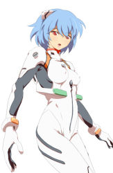 Rule 34 | 1girl, :o, armpits, ayanami rei, blue hair, bodysuit, bracer, breasts, covered erect nipples, cowboy shot, from side, gloves, hair between eyes, hair ornament, impossible clothes, interface headset, looking at viewer, mebae, neon genesis evangelion, open mouth, pilot suit, plugsuit, red eyes, short hair, simple background, small breasts, solo, turtleneck, white background