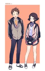 Rule 34 | 1boy, 1girl, ;d, casual, commentary request, fukube satoshi, highres, hood, hooded track jacket, hyouka, ibara mayaka, jacket, korean commentary, mery (yangmalgage), one eye closed, open mouth, shoes, short hair, slippers, smile, sneakers, track jacket