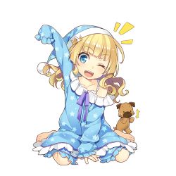 Rule 34 | 1girl, ;d, aged down, amelie mcgregor, barefoot, blonde hair, blue eyes, child, dog, full body, hat, long hair, looking at viewer, mmu, off shoulder, official art, one eye closed, open mouth, pajamas, simple background, sitting, sleeves past wrists, smile, solo, star (symbol), star print, transparent background, uchi no hime-sama ga ichiban kawaii, wariza, wavy hair, white background