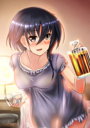 Rule 34 | 1girl, alternate costume, black hair, blue nightgown, bottle, breasts, cup, drinking glass, hair between eyes, highres, holding, holding bottle, holding cup, i-13 (kancolle), indoors, kantai collection, lamp, medium breasts, nightgown, short hair, short sleeves, shot glass, solo, yo-suke