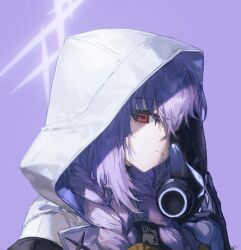 Rule 34 | 1girl, atsuko (blue archive), black gloves, blue archive, braid, closed mouth, gloves, grey halo, halo, highres, holding, holding mask, hood, hood up, hooded jacket, jacket, long hair, looking at viewer, mask, portrait, purple background, purple hair, quasarcake, red eyes, simple background, solo, twin braids, white jacket