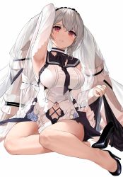Rule 34 | 024th, 1girl, absurdres, arm up, armpits, azur lane, bare shoulders, black choker, black dress, black footwear, black neckerchief, black sailor collar, blush, bow, breasts, choker, clothes lift, clothing cutout, commentary request, dress, dress bow, dress lift, feather dress, formidable (azur lane), formidable (timeless classics) (azur lane), full body, grey hair, hair between eyes, hair ornament, hair ribbon, high heels, highres, large breasts, long hair, looking at viewer, navel, navel cutout, neckerchief, official alternate costume, parted lips, red eyes, ribbon, sailor collar, shoes, sidelocks, simple background, single shoe, sitting, smile, solo, toe cleavage, twintails, two-tone dress, veil, very long hair, white background, white dress, yokozuwari