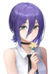Rule 34 | 1girl, alohayuja, black choker, black ribbon, blush, chainsaw man, choker, closed mouth, collared shirt, flower, green eyes, hair between eyes, highres, holding, holding flower, looking at viewer, neck ribbon, purple hair, reze (chainsaw man), ribbon, shirt, short hair, simple background, sleeveless, sleeveless shirt, smile, solo, upper body, white background, white shirt, wing collar, yellow flower
