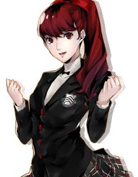 Rule 34 | 1girl, black bow, black bowtie, black jacket, bow, bowtie, buttons, commentary, english commentary, female focus, hair between eyes, hair bow, highres, jacket, lips, long hair, long sleeves, looking at viewer, matching hair/eyes, miniskirt, open mouth, persona, persona 5, persona 5 the royal, pertex 777, pink lips, pocket, ponytail, red bow, red eyes, red hair, school uniform, shirt, shuujin academy school uniform, simple background, skirt, smile, solo, teeth, uniform, wavy hair, white background, white shirt, yoshizawa kasumi