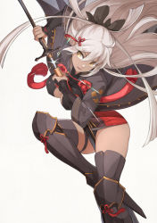 Rule 34 | 1girl, ahoge, arm guards, bare shoulders, black bow, blush, bow, breasts, cleavage, cleavage cutout, clothing cutout, dark-skinned female, dark skin, dress, fate/grand order, fate (series), grey hair, hair bow, highres, holding, holding sword, holding weapon, large breasts, long hair, medium breasts, okita souji (fate), okita souji alter (fate), red dress, short dress, solo, sword, thigh strap, thighhighs, weapon, yellow eyes, yunar