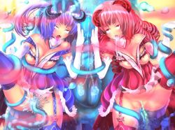 Rule 34 | 2girls, ahegao, aomidori, blush, breasts, fucked silly, large breasts, monster, multiple girls, nipples, slime, tentacles