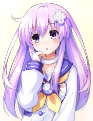 Rule 34 | 1girl, :o, blush, choker, commentary request, d-pad, d-pad hair ornament, doria (p f dolia), gradient background, hair ornament, highres, long hair, long sleeves, looking to the side, nepgear, neptune (series), purple eyes, purple hair, solo, upper body, yellow background