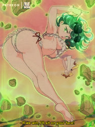 Rule 34 | 1girl, ass, aura, bent, black dress, black footwear, bluethebone, breasts, cleft of venus, commentary, dress, english commentary, floating rock, from behind, glowing, green eyes, green hair, highres, impossible clothes, impossible dress, kneepits, legs, long sleeves, looking at viewer, looking back, man), medium breasts, no panties, one-punch man, open mouth, over, paid reward available, retro artstyle, saitama (one-punch, shoes, side slit, solo focus, sparkle, tatsumaki
