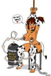 Rule 34 | 1girl, absurdres, animal ears, animal print, ankle cuffs, arms up, bdsm, bell, blush, bondage, bound, bound wrists, breasts, brown eyes, brown hair, chain, collar, cow ears, cow girl, cow horns, cow print, cow tail, cowbell, dakunart, heart, highres, horns, large breasts, long hair, looking up, milking, milking machine, navel, nipples, open mouth, panties, ponytail, print panties, print thighhighs, rope, side-tie panties, sitting, smile, spoken heart, suction cups, tail, teeth, thighhighs, tongue, tongue out, topless, trembling, underwear, white background, white panties, white thighhighs