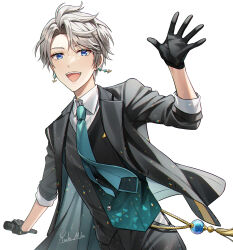 Rule 34 | 1boy, :d, artist name, black gloves, black jacket, black pants, blue eyes, blush, buttons, collared shirt, commentary request, earrings, eyelashes, gloves, gradient clothes, green necktie, grey hair, hair between eyes, hand up, highres, holding, holding microphone, jacket, jewelry, kaida haru, kaida haru (5th costume), lapels, light particles, long sleeves, looking at viewer, male focus, microphone, multicolored clothes, multicolored vest, necktie, nijisanji, official alternate costume, open clothes, open jacket, open mouth, pants, parted bangs, shirt, short hair, simple background, sleeves rolled up, smile, solo, tassel, teeth, two-sided fabric, two-sided jacket, upper teeth only, vest, virtual youtuber, white background, white shirt, wing collar, yuuhi mika