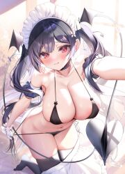 Rule 34 | 1girl, ayuma sayu, bare shoulders, bikini, black bikini, black hair, black thighhighs, blush, breasts, cleavage, closed mouth, collarbone, demon girl, demon tail, head wings, highres, large breasts, looking at viewer, maid headdress, original, red eyes, smile, solo, swimsuit, tail, thighhighs, thighs, twintails, white headwear, wings
