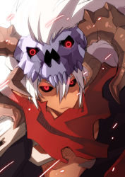 Rule 34 | 1boy, armor, assassin cross (ragnarok online), black sclera, black shirt, colored sclera, commentary request, emon-yu, hair between eyes, horns, long hair, looking at viewer, male focus, open clothes, open mouth, open shirt, pauldrons, ragnarok online, red eyes, red scarf, scarf, shirt, shoulder armor, simple background, skull, skull on head, solo, torn clothes, torn scarf, upper body, white background, white hair