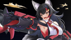 Rule 34 | 1girl, :d, aircraft, animal ear fluff, animal ears, arikawa rui, armpits, azur lane, black gloves, black hair, blurry, breasts, fang, gloves, hair ornament, highres, hololive, japanese clothes, long hair, looking away, machinery, medium breasts, multicolored hair, necktie, ookami mio, open mouth, orange eyes, outstretched arm, smile, solo, tail, two-tone hair, upper body, v-shaped eyebrows, virtual youtuber, wide sleeves, wing collar, wolf ears, wolf tail