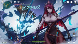Rule 34 | 1girl, absurdres, breasts, commentary, detached sleeves, elbow gloves, english commentary, explosion, fake screenshot, fishnet pantyhose, fishnets, gameplay mechanics, genshin impact, gloves, habit, hair between eyes, highres, holding, holding polearm, holding weapon, kamilisme, large breasts, looking at viewer, multicolored hair, nun, pale skin, pantyhose, polearm, red eyes, red hair, rosaria (genshin impact), ruin guard (genshin impact), short hair, sidelocks, solo, streaked hair, tiara, weapon