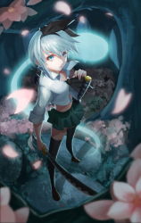 Rule 34 | 1girl, absurdres, al2, ascot, black thighhighs, blue eyes, blurry, breasts, brown footwear, bush, cherry blossoms, collared shirt, depth of field, full body, glowing, green skirt, hairband, highres, konpaku youmu, konpaku youmu (ghost), lips, long sleeves, midriff, moonlight, multiple swords, night, perspective, petals, sheath, sheathed, shirt, shoes, short hair, silver hair, skirt, sleeves rolled up, small breasts, solo, stone, thighhighs, touhou, tree, unsheathed, unworn vest, wind