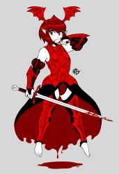 Rule 34 | 1girl, 2020, absurdres, armor, blood, floating, full body, highres, holding, holding sword, holding weapon, looking at viewer, monochrome, original, parted lips, pointy ears, red eyes, red hair, short hair, showgirl skirt, smile, solo, sword, taggo, weapon