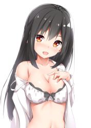 Rule 34 | 1girl, :d, bare shoulders, black hair, blush, breasts, cleavage, collarbone, collared shirt, commentary request, dress shirt, hand on own chest, hand up, head tilt, highres, large breasts, long hair, long sleeves, looking at viewer, navel, off shoulder, open clothes, open mouth, open shirt, original, red eyes, shirt, sidelocks, simple background, smile, solo, stomach, tatsumiya kagari, upper body, white background, white shirt