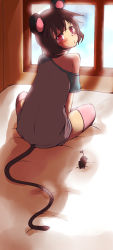 Rule 34 | 1girl, animal ears, bad id, bad pixiv id, bare shoulders, blush, female focus, glaring, grey hair, highres, looking at viewer, looking back, mouse (animal), mouse ears, mouse tail, nazrin, off shoulder, pun2, red eyes, shirt slip, short hair, sitting, solo, tail, thighhighs, touhou, window